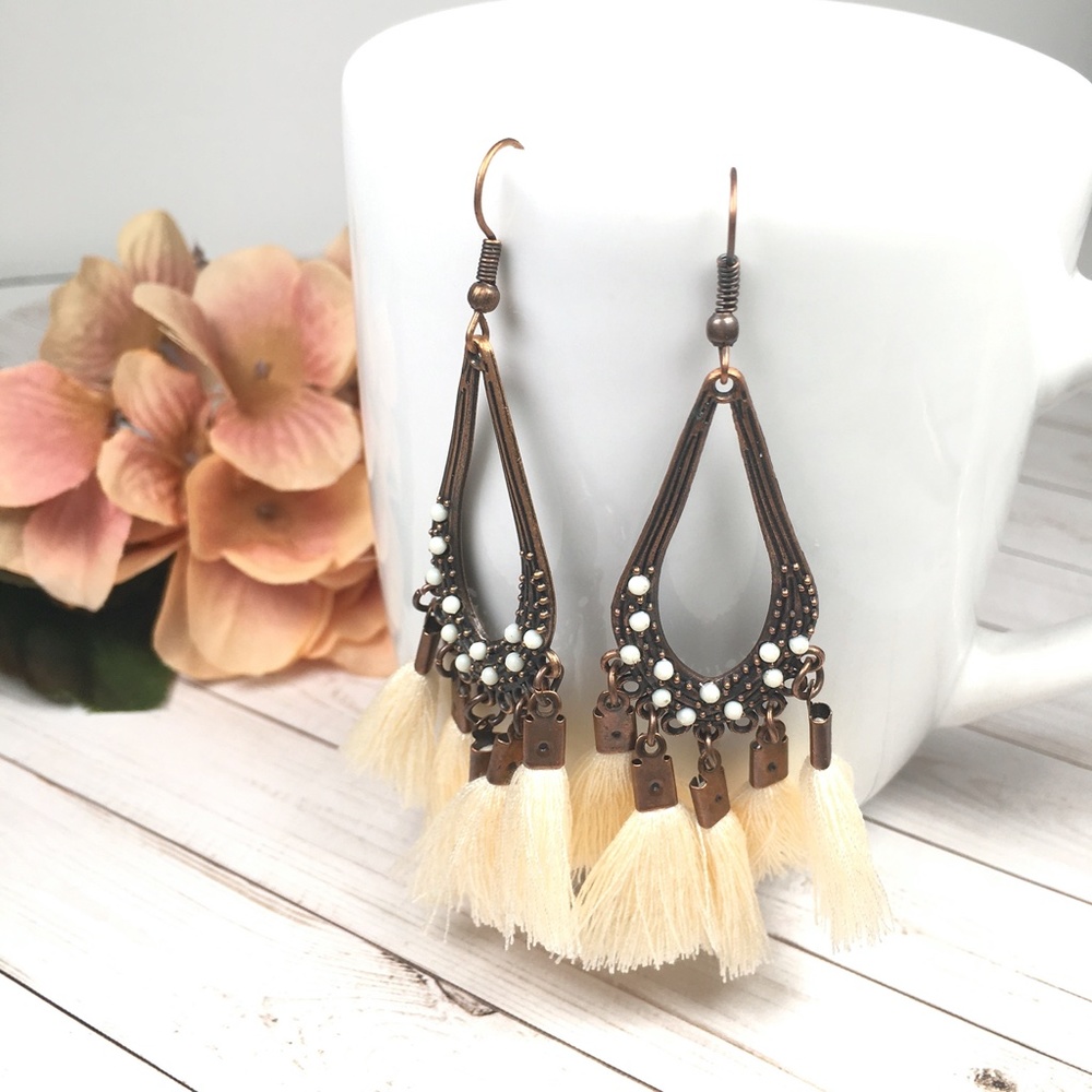 Cream Vintage Boho Tassel Drop Earrings